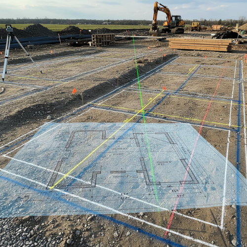 Precise structural layout marking and X, Y, Z alignment for accurate construction execution.Setting Our Survey